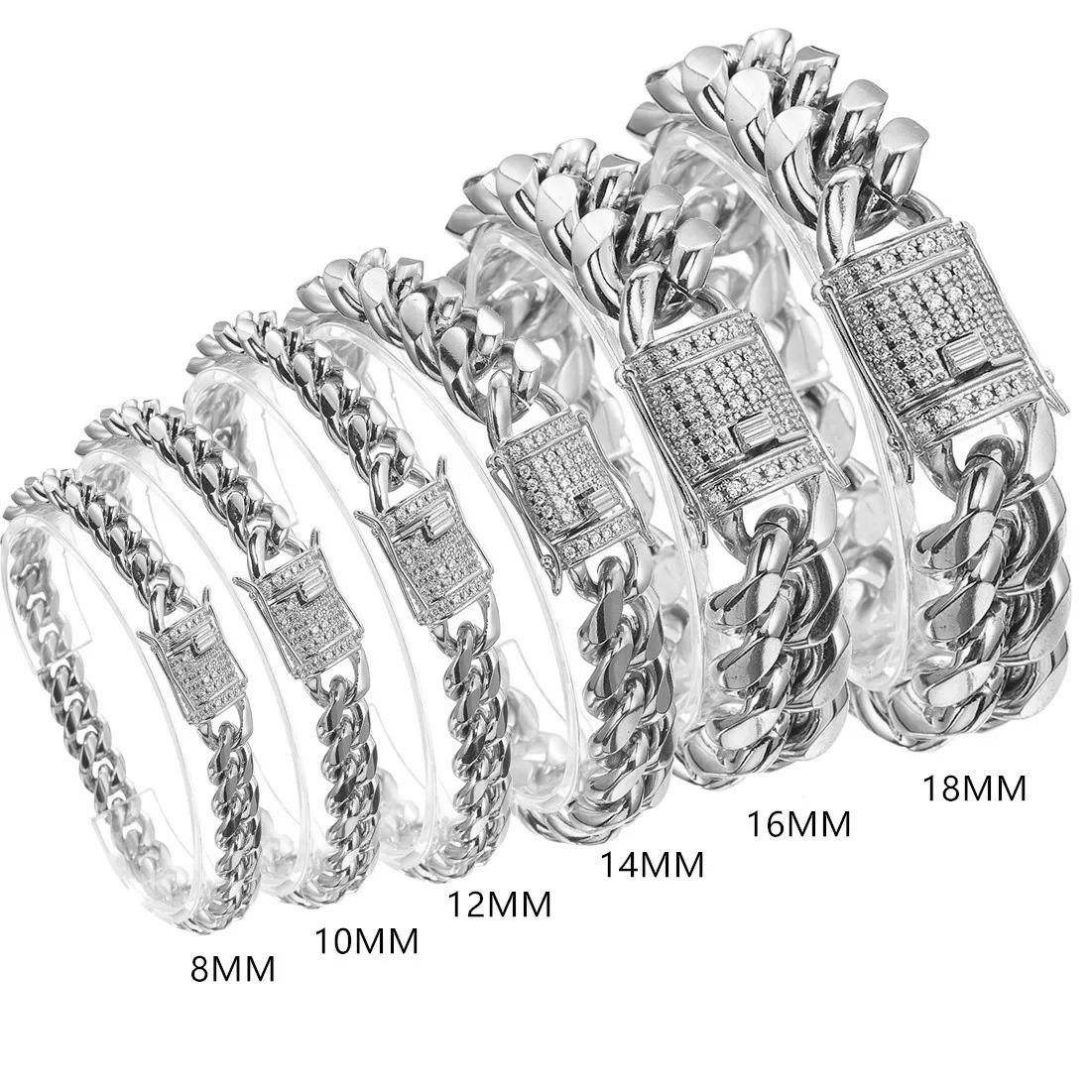 Arrival 81012141618mm Stainless Steel Miami Curb Cuban Chain Crystal Bracelet Casting Lock Clasp Mens Link jewelry 251028