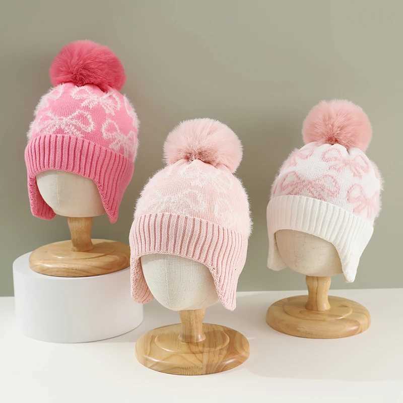 Children Girl Pink Bow Plsuh Beanies Winter Warm Baby Ear Protection Hat Velvet Lining Earmuffs Cap 15year Kids Woolen Knit Hat251028