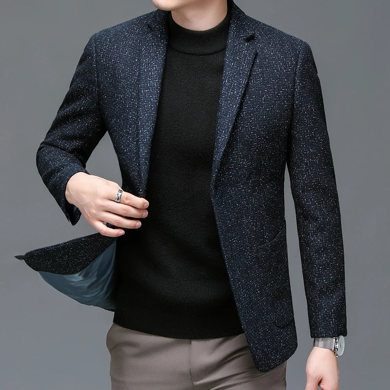 Classical Men Navy Blue Tweed Wool Blazers Sheep Woolen Suit Jackets Gentlemen Fashion Outfits for Business and Casual Wear 251028