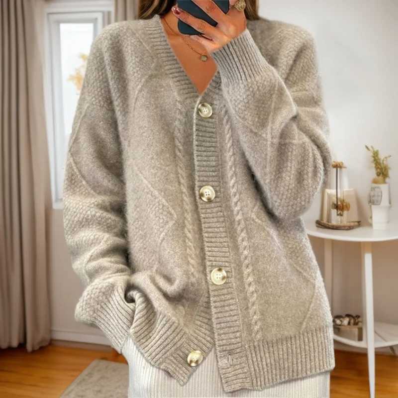Autumn Winter Solid Color Longsleeved V Neck Knitted Cardigan Breasted Women Top Fashion Jacquard Sweater Versatile Coat FemaleT251028
