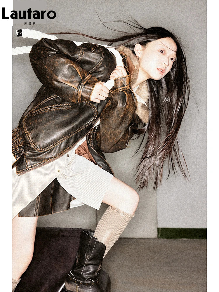 Lautaro Spring Autumn Cool Handsome Vintage Distressed Brown Pu Leather Jacket Women Faux Fur Collar Clothing 251029