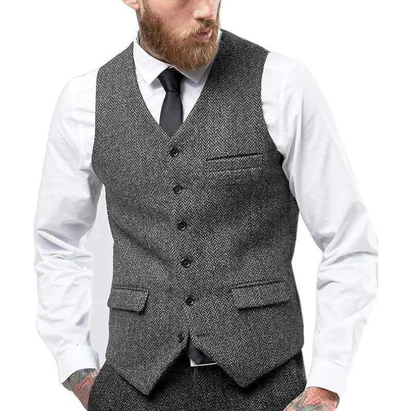 Mens Vintage Herringbone Vest Slim Fit Wool Tweed Waistcoat for PromWedding Classic Retro Style Herringbone Weave W251029