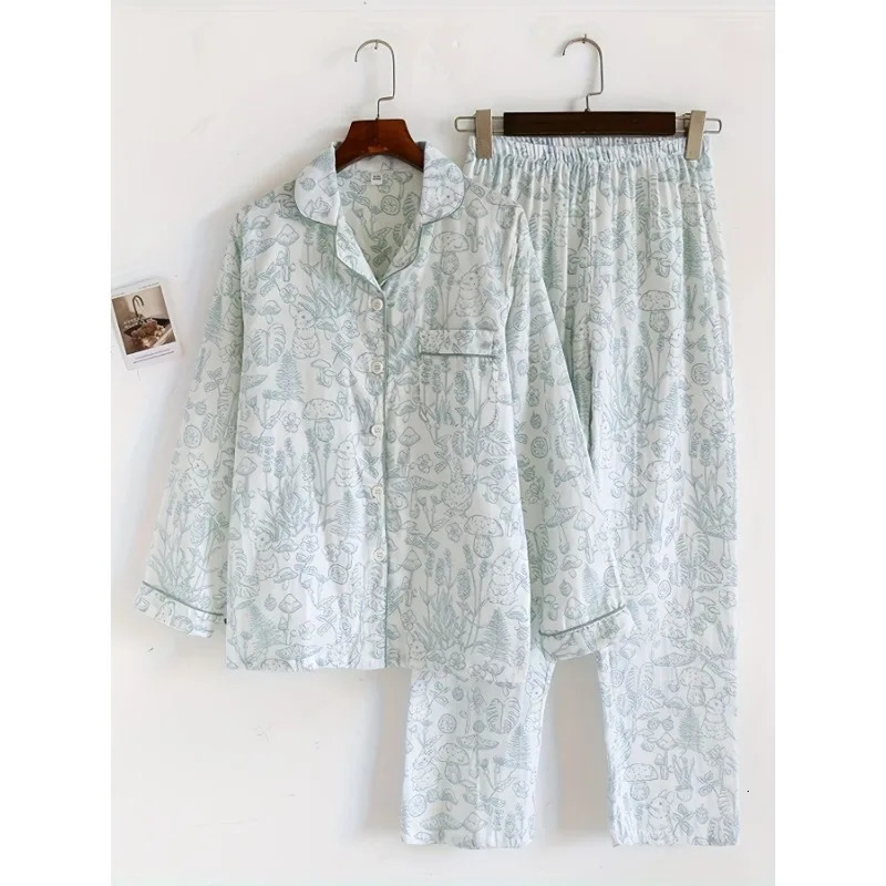 Womens Pajama Set 100 Cotton Gauze Sleepwear Long Sleeve Loose Fit Two Piece Comfortable Breathable Nightwear Loungewear 251029