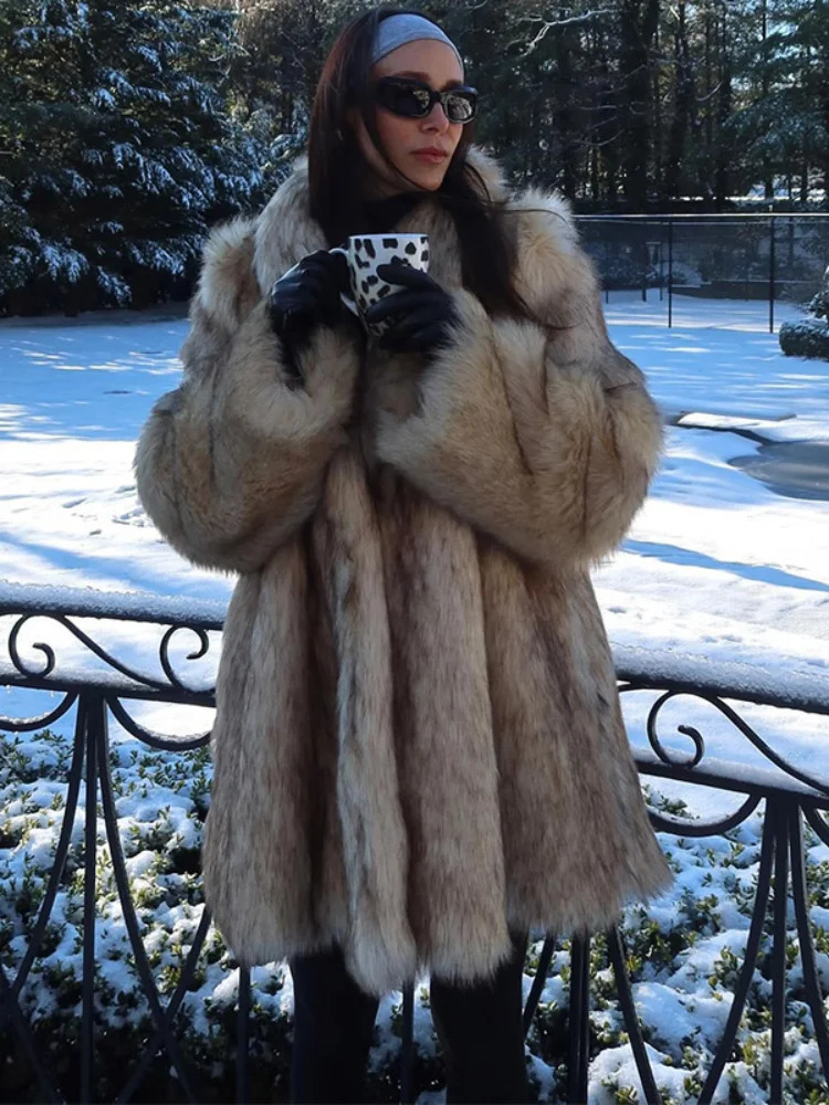 Winter Lady Luxurious Lapel Faux Fur Coats Fashion High Street Long Sleeve Oversize Cardigan Jacket Thick Warm Female Outerwear 251013