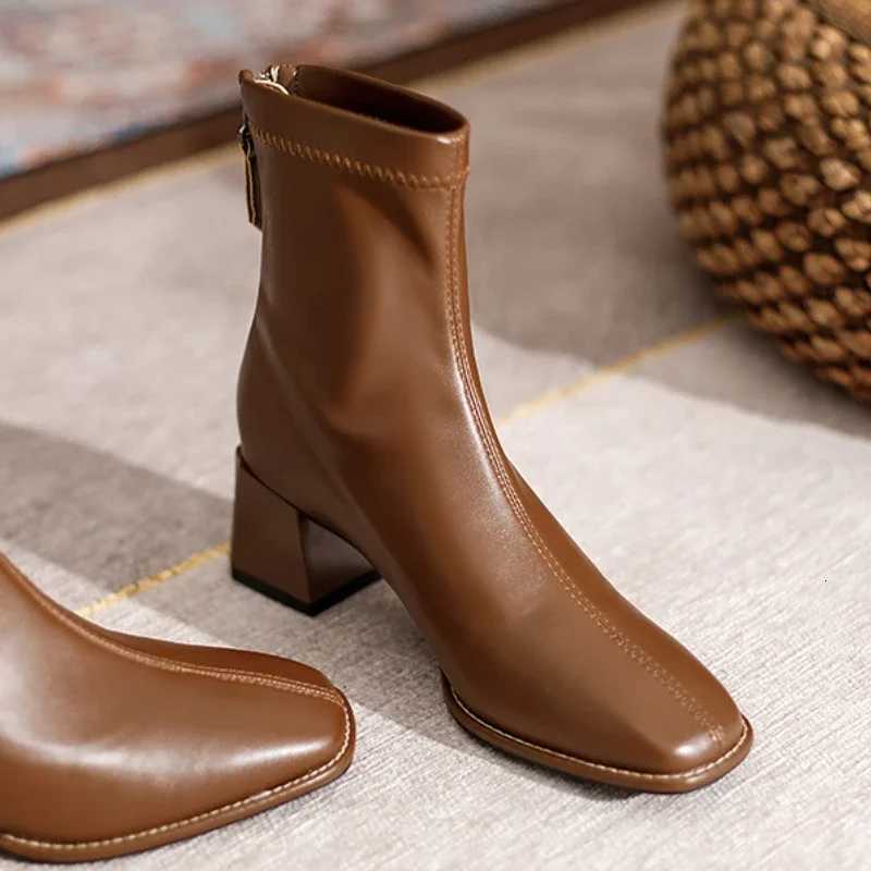 Square toe women ankle boots flock stretch shoes thin mid heels blackbrownbeige back zipper dress sock boots woman size 3440 Z251029