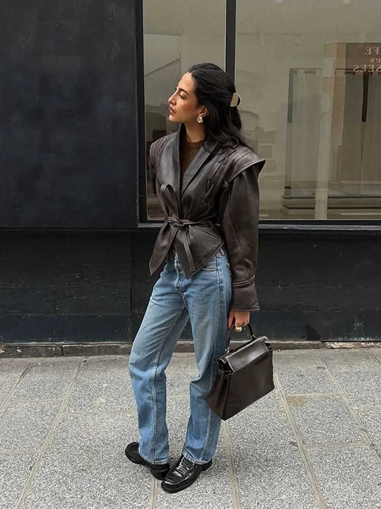 Vintage Vneck Belt Faux Leather Jackets Women Chic Full Sleeve Lace Up High Waist Lapel Overcoat Autumn Female Street Outerwear 251029