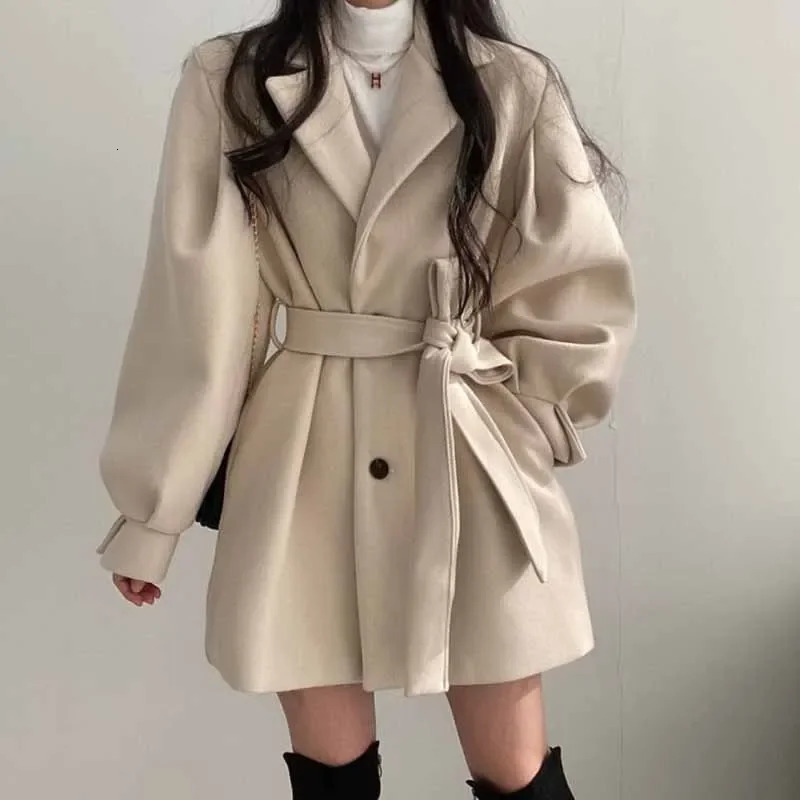 Smvp Button Laceup Woolen Coat For Women Elegant Solid Pocket Short Trench Jacket Autumn Winter Warm High Street Outwear 251029