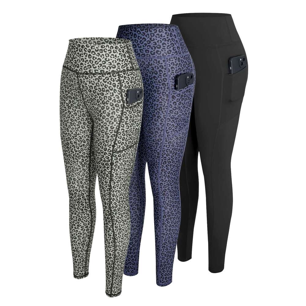 3-Pack Women'S High-Waisted with Side Pockets Non-Slip Grip, Stretchy Workout Leggings Gym, Running, Everyday All-Season Fiess Pants in Black/Gra