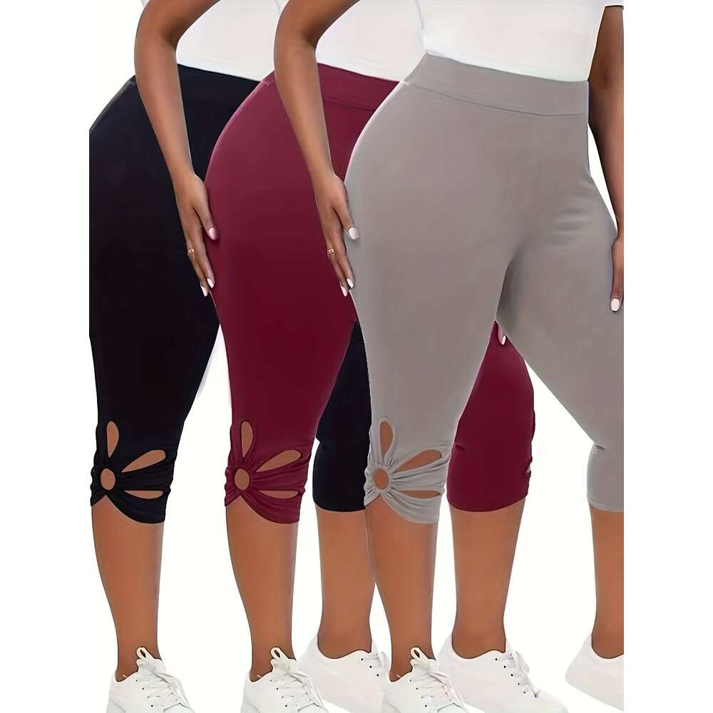 Women's 3pcs High Waist Capri Leggings - Slimming, Stretchy Activewear with Cutout Detail, Plus Size Yoga Pants