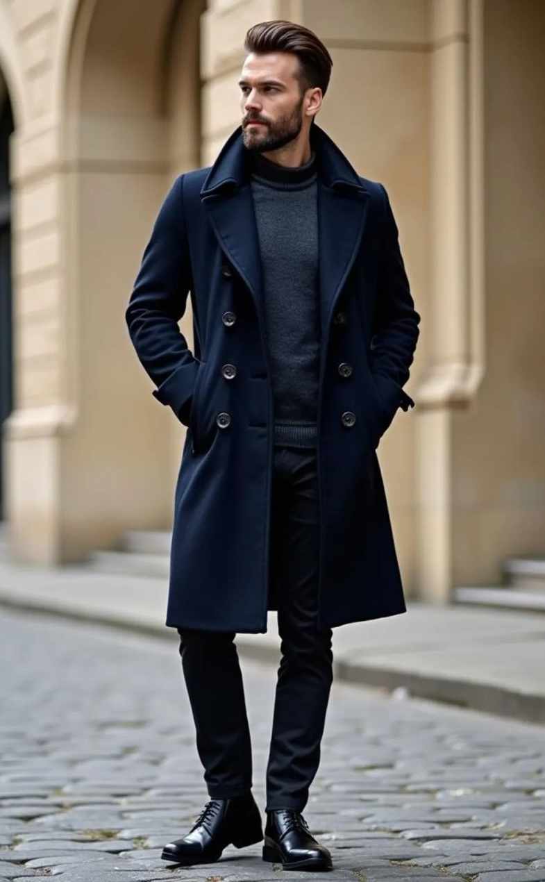Classic Men's Overcoat Double-Breasted Wool Blend Long Coat Autumn Winter Street Fashion Outdoor Warm Customized trajes para hombre