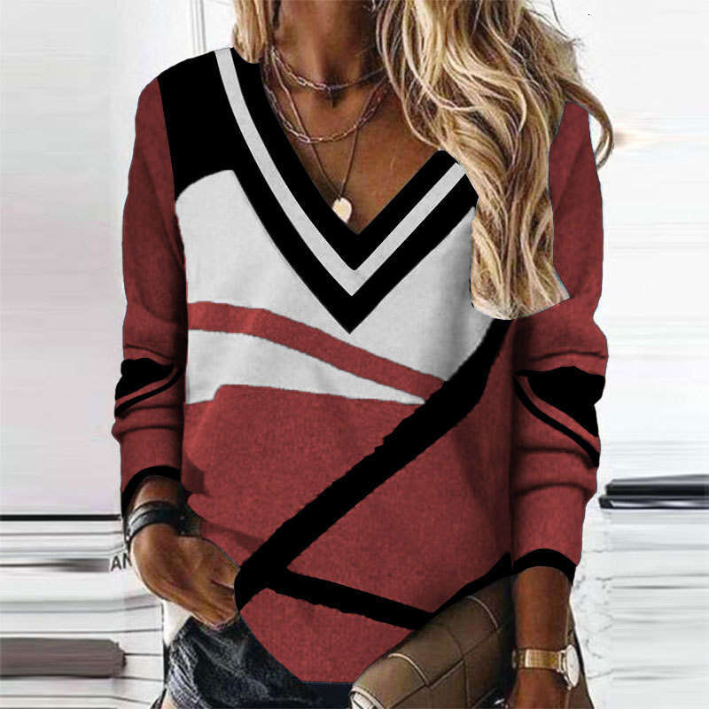 New Versatile Daily Casual Loose Hoodie Women's V Neck Contrasting Geometric Pattern Large Size Sweatshirt Top