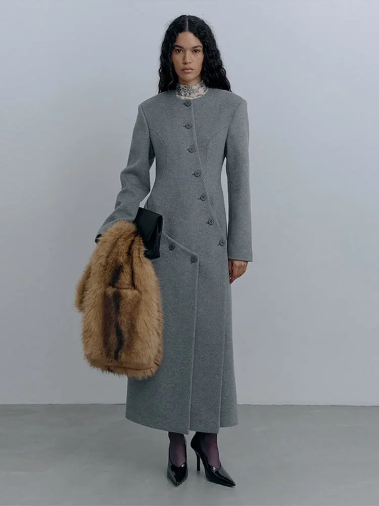 Womens Long Grey Woollen Coat Oneck Full Sleeve Asymmetric Button n Elegant Silhouette Warm Outerwear Autumn 251028