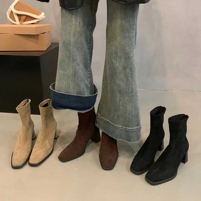 Vintage Women Ankle Boots 2025 Fashion Square Toe Thick High Shoes Autumn Winter New Ladies Elegant Stretch Slim Short Booties Z251029