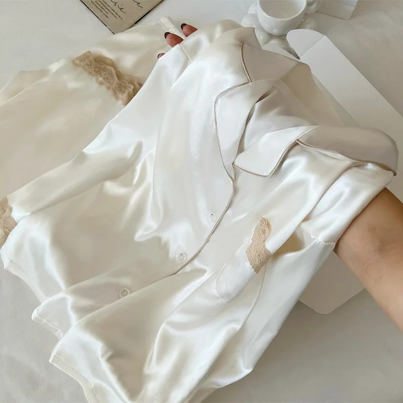 Womens SpringAutumn Ice Silk Nightwear Set Luxurious Lace Trim LongSleeved Lightweight Homewear Actual Product Pography 251029