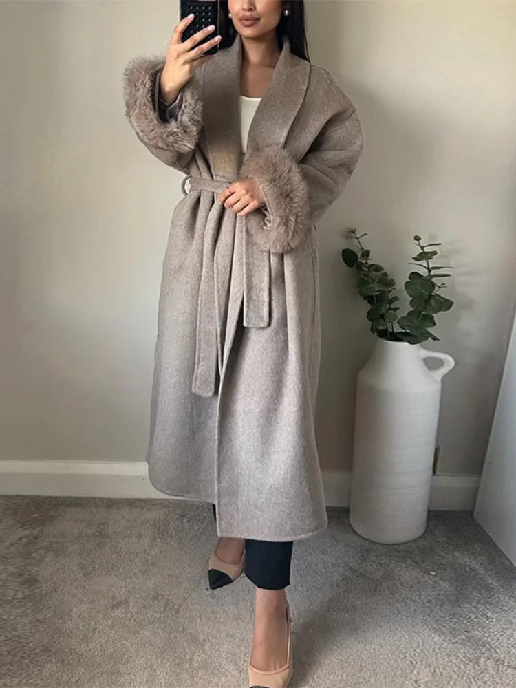 Fashion Patchwork Faux Fur Sleeve Woolen Jacket With Belt Women Winter Long Lace Up Coats Street Office Lady Chic Outerwear 251028