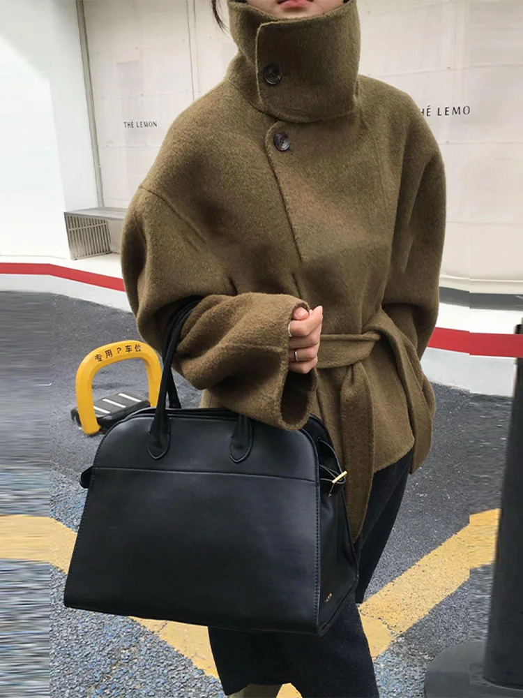 Casual Stand Collar Tweed Coat Women Retro Elegant Single Breasted Solid Belt Coats Lady 2025 Winter Classic Chic Street Outwear 251029