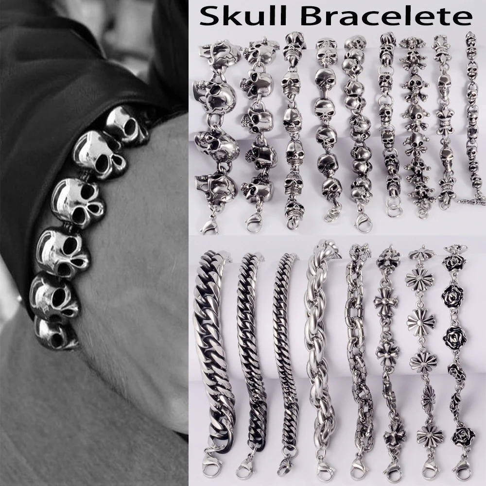1PC Steel Gothic Head Cross Vintage Man Bracelet Chain Skeleton Hip Hop Skull Men Cuban Bracelets Unisex Punk Jewelry 251028