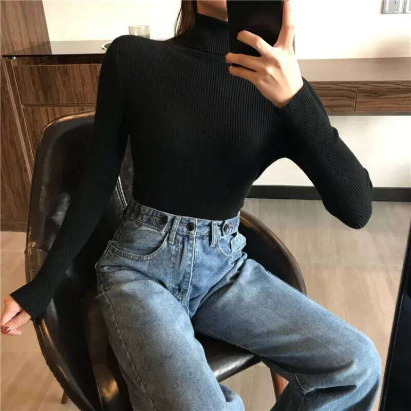 2025 Autumn Winter Thick Women Knitted Ribbed Pullover Sweater Long Sleeve Turtleneck Slim Jumper Soft Warm Pull Femme Women Sweater Designer Sweater 