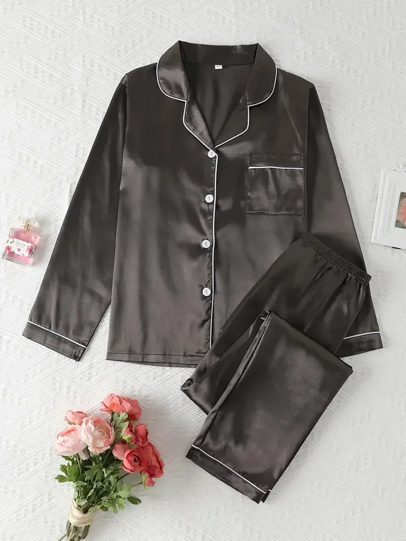 Autumn Winter Silk Pajamas Set for Women Casual Soft Breathable and Relaxed Fit Long Shirt Tops and Long Pants Sleepwear 251029