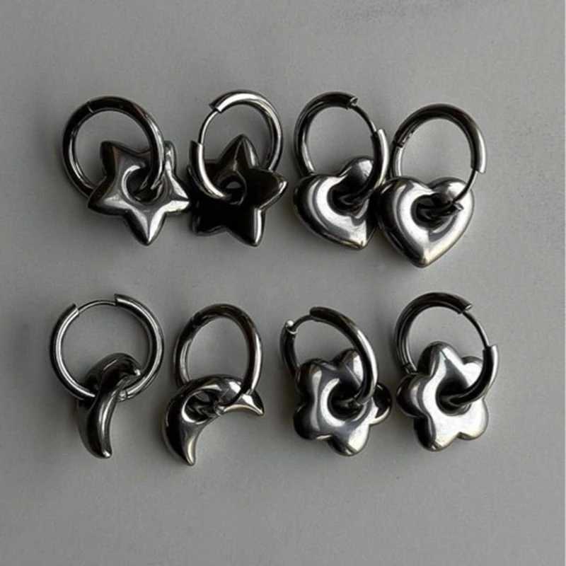 Classic Stainless Steel Heart Star Hoop Earrings for Women Goth Punk Hip Hop Silver Color Y2K Jewelry Female EarringsW251029