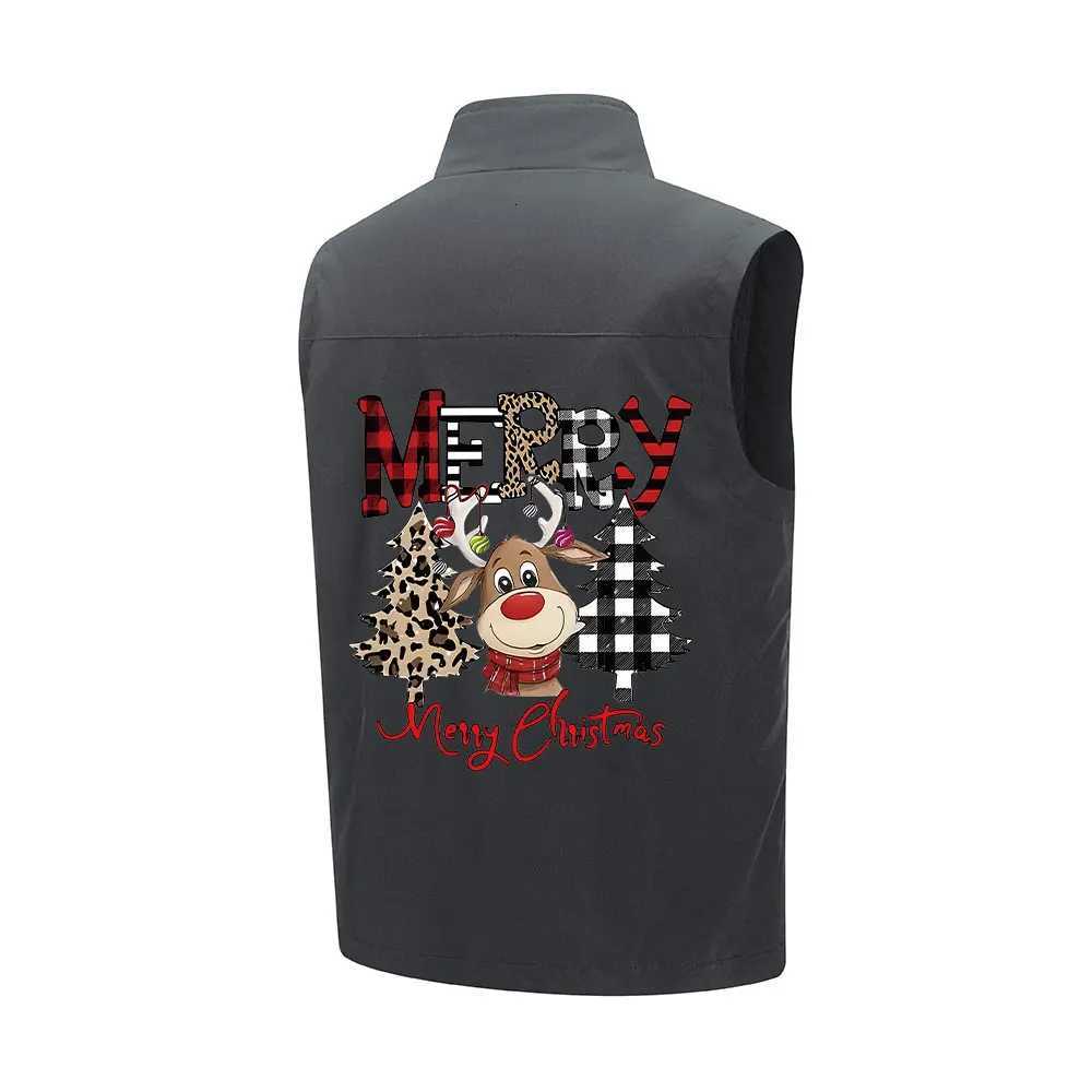 Mens Vest Coat Christmas Elk Prints Multiple Zipper Pockets Sleeveless Windproof Outwear Windbreaker for Hiking Fishing Camping W251029