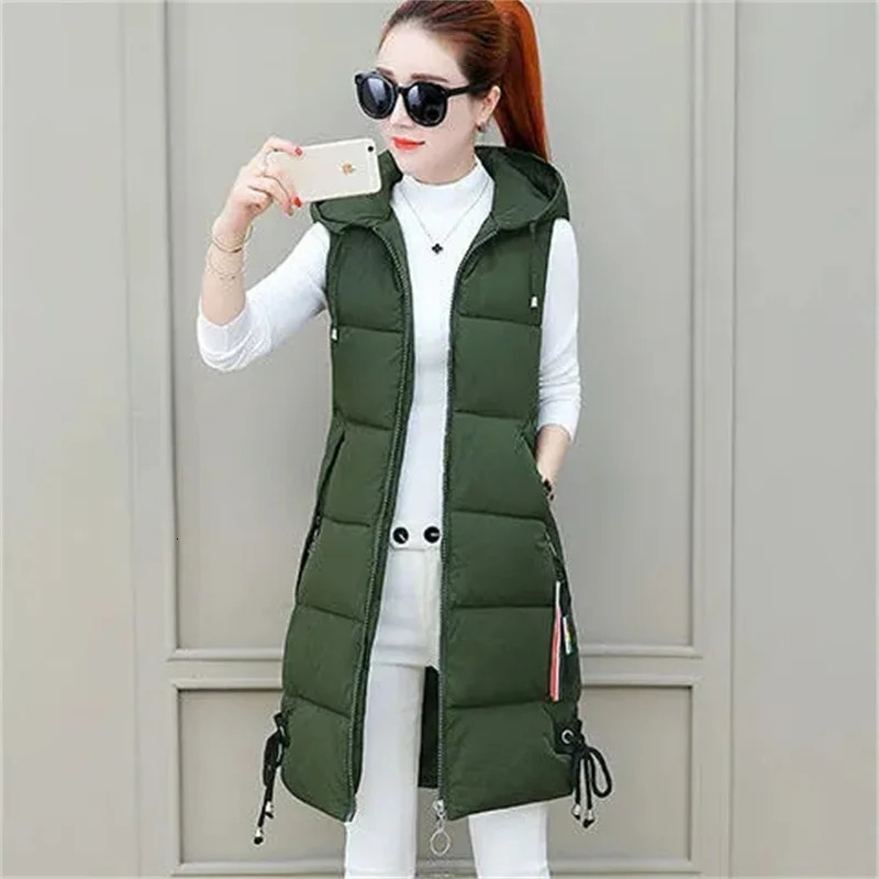 Autumn Winter Women Long Parkas Vest Warm Hooded Down Coat Parka Ladies Sleeveless Waistcoat Jacket Outwear 251029