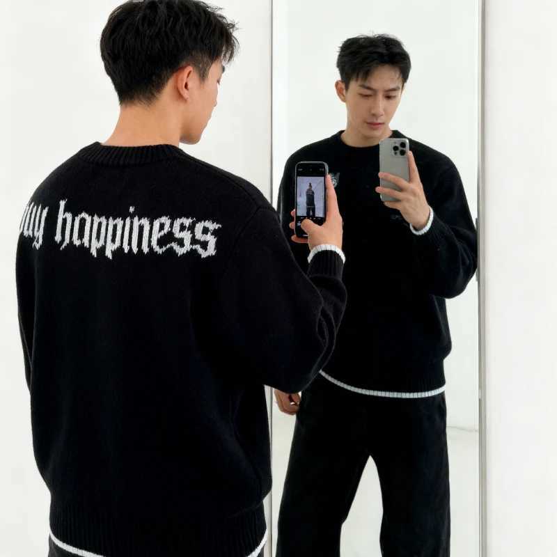 Y2K Retro Dollar Graphics Embroidered Black Knit Loose Sweater Fashionable Letter Style Unisex Gothic Hip Hop Round Neck Sweater J251029