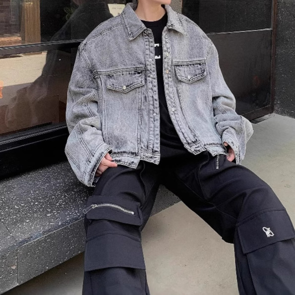 Padded Shoulder Denim Jacket Men's Spring And Autumn American High Street Workwear Jacket Designer Jacket Washed Loose Cool Denim Jacket