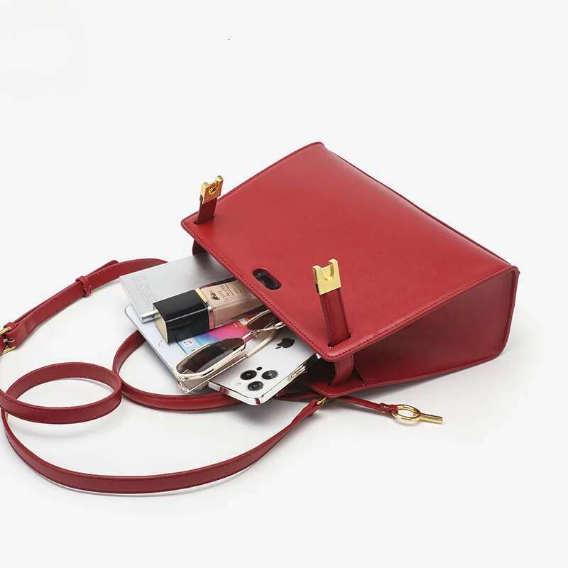 Fashion Chinese Red Dress Style Bride Tote Split Leather Women Shoulder Bag All match Commuter Office Ladies Handbag