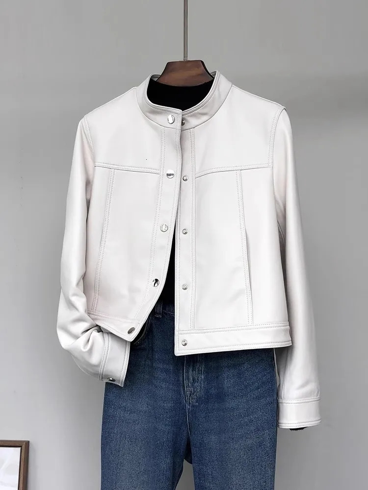 Lautaro Spring Autumn Short White Soft Pu Leather Jacket Women Stand Collar Long Sleeve Elegant Chic Clothing 251029