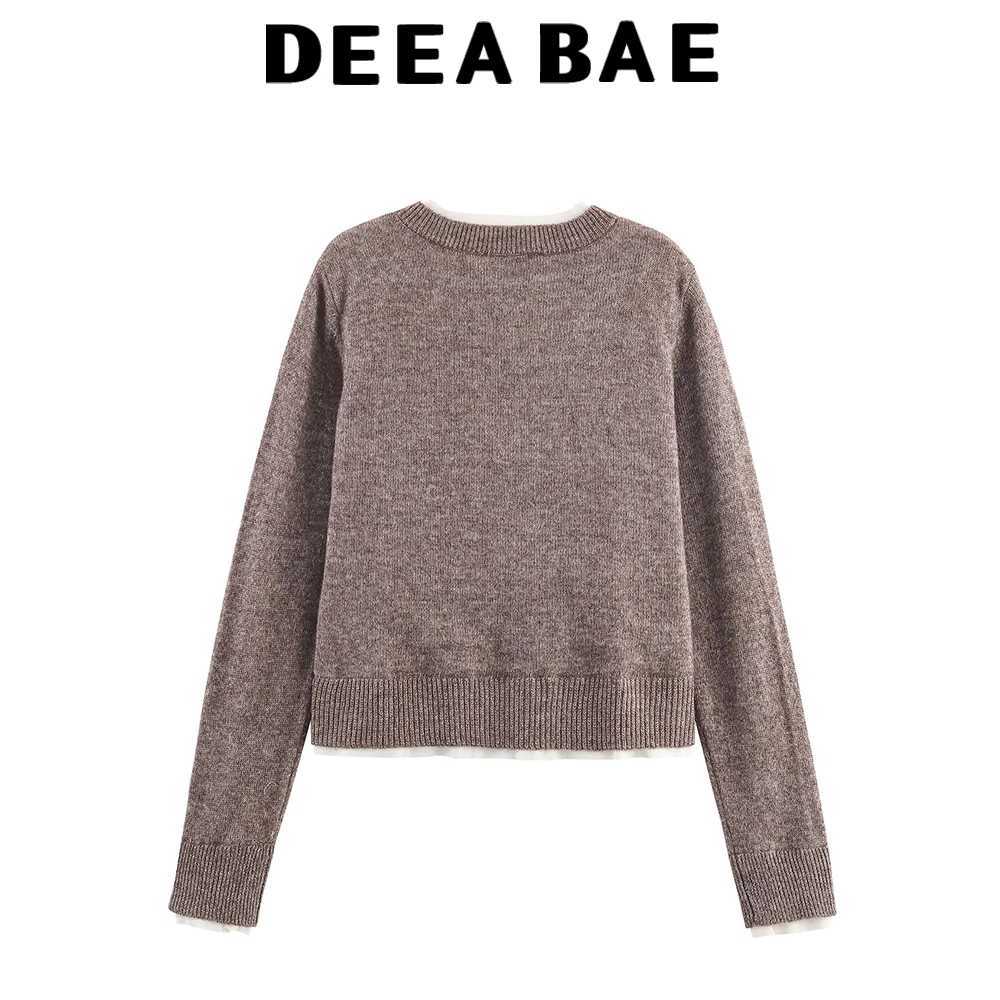 DEEABAE Korean version unique and super beautiful contrasting color round neck fake two short knitted sweaters cardigan jacketT251028