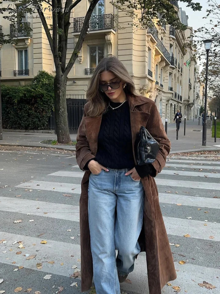 High Street Doublebreasted Suede Jackets Womens Vintage Turndown Collar Split Long Coat Autumn Winter Ladies Outwear 251028