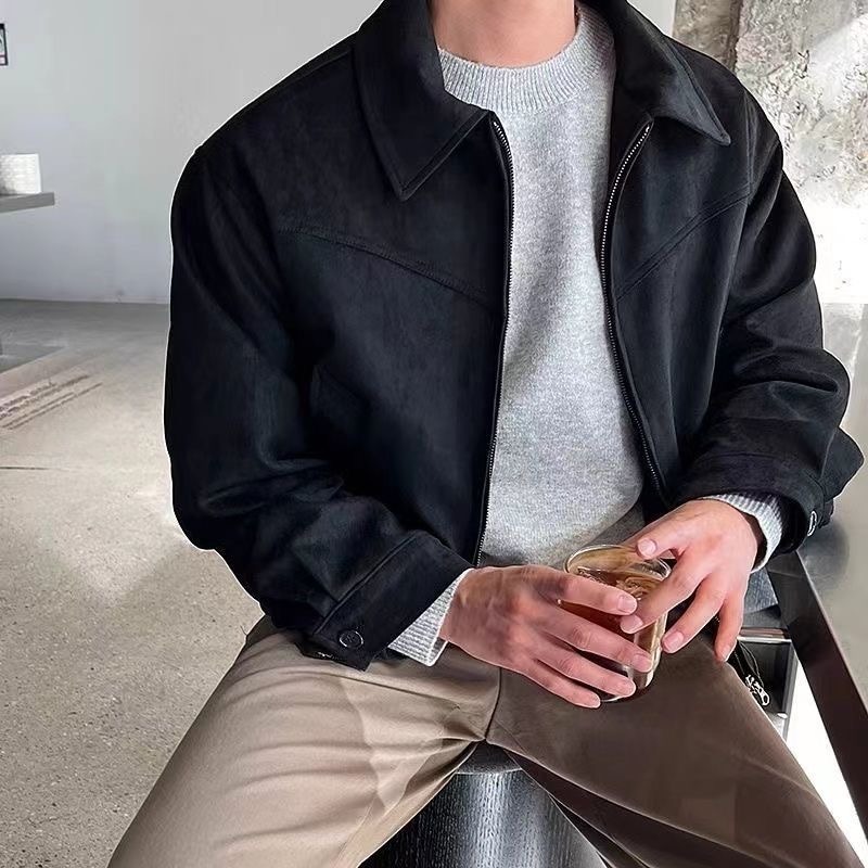 Autumn Winter Korean Men's Short Loose Turn-down Collar Zipper Suede Flight Designer Jacket Jacket Coat Trendy