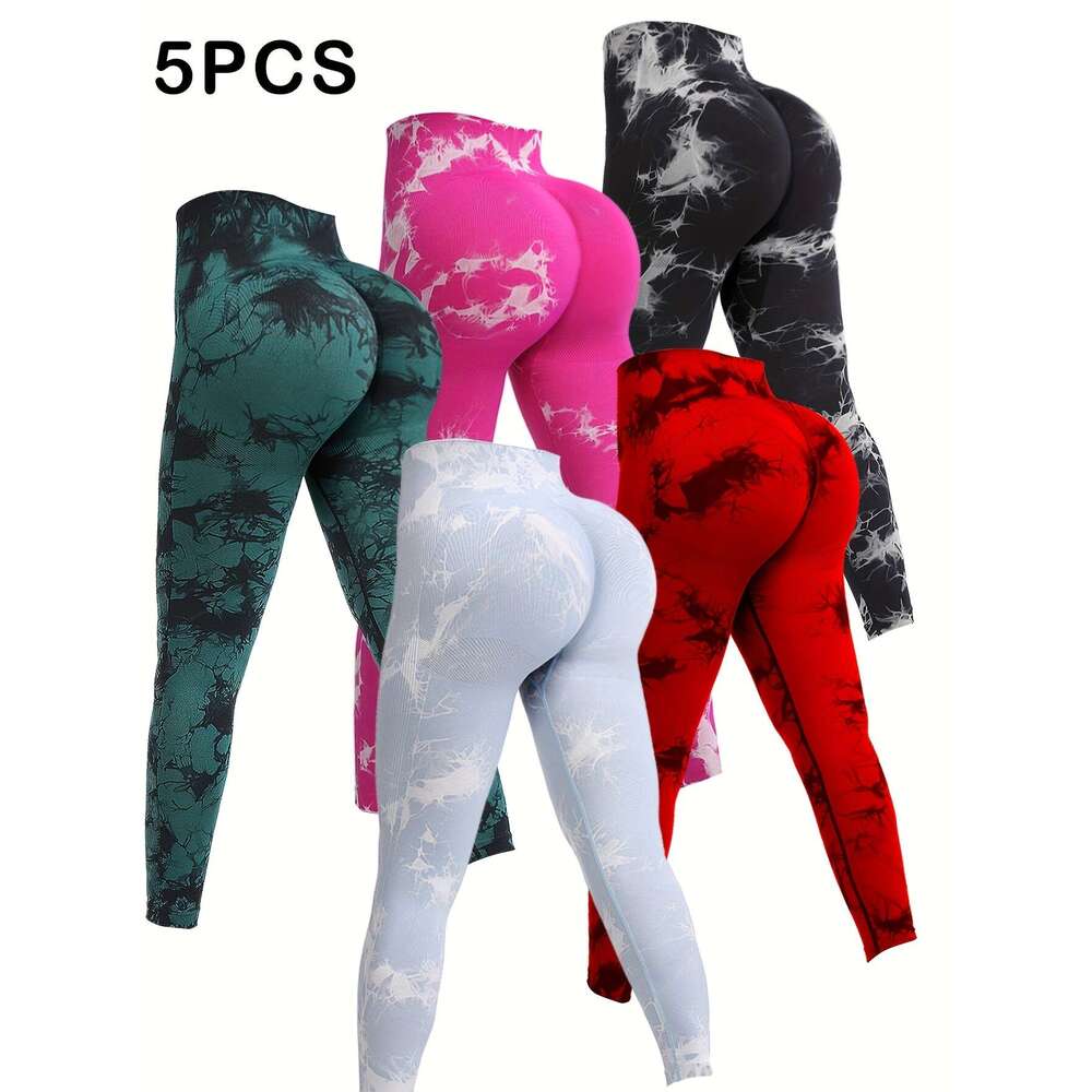 5-Pack Rainbow Tie-Dye High Waisted Sculpting Fiess Pants, Quick-Dry Running Yoga Butt-Lifting Sports Leggings, Women'S Clothing