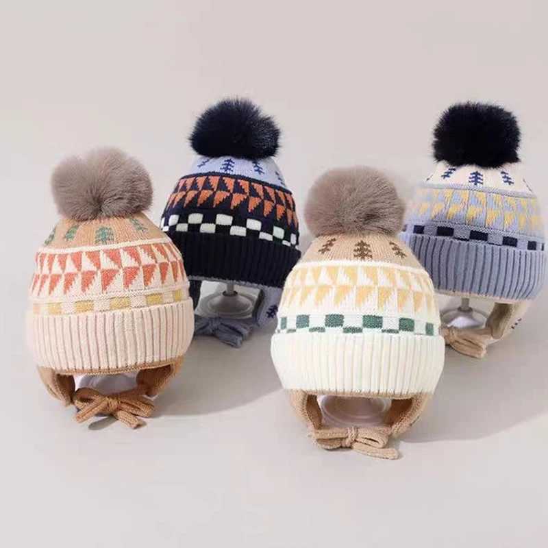Fluffy Fur Ball Baby Knitted Hat Winter Warm Kids Earmuffs Cap 36year Boy Girl Woolen Crochet Bonnet Fashion Children Beanies251028