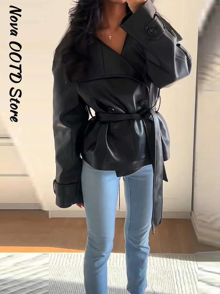 Street Belt Cropped Leather Jackets Women Stand Collar Double Breasted Pockets Long Sleeve Coats 2025 Autumn Lady Chic Outwear 251029