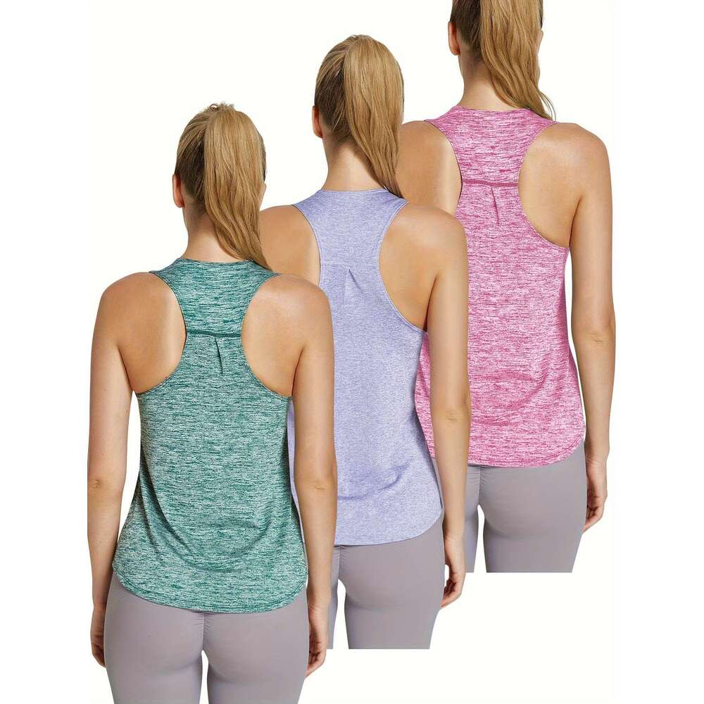 3Pcs Women's Quick-Dry Workout Tank - Sleeveless Racerback Fiess Shirts, Solid Color Athletic Training Tops For Gym, Yoga, Swimming All-Season We