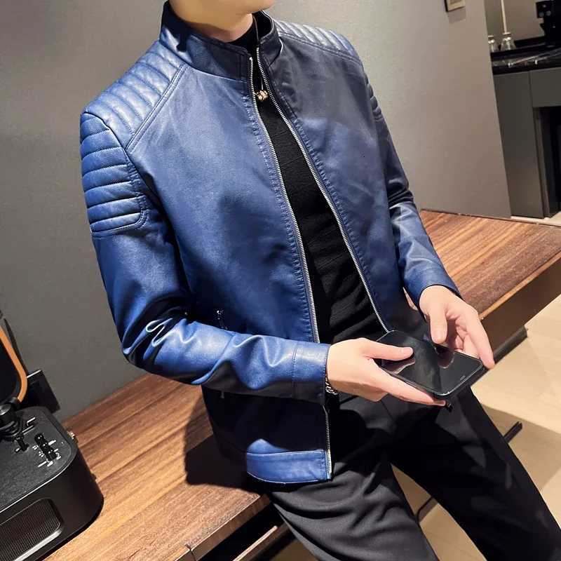 2023 Autumn Winter Leather Jacket Men Slim Casual PU Coat Moto Biker Stand Collar Solid High Quality Korean Leather Jakcets ManT251029