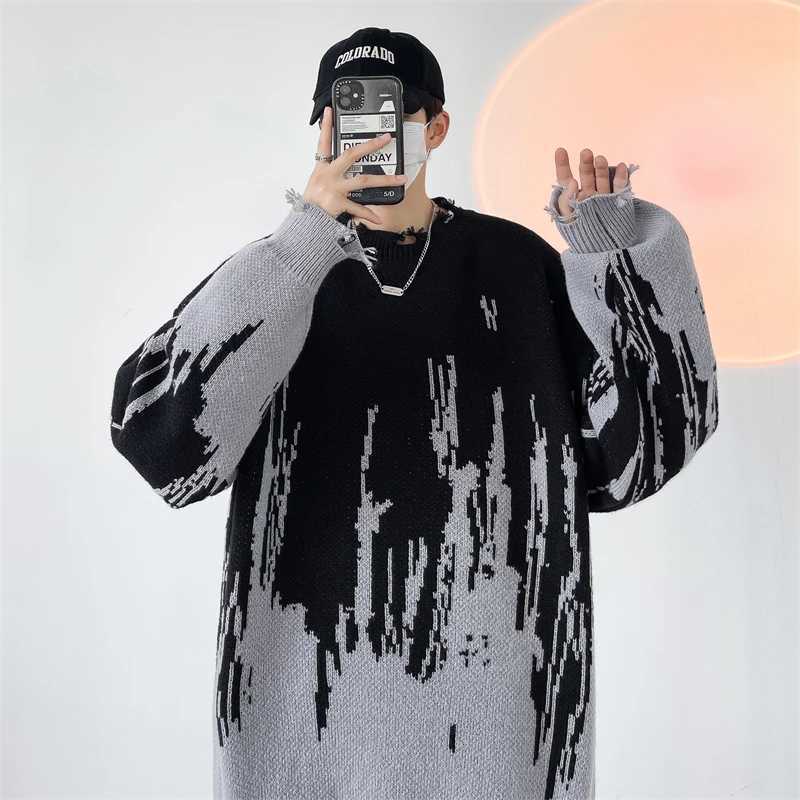 Hip Hop Ripped Punk Knitted Sweaters Men Oversized Harajuku Streetwear Sweaters Winter Couples Fashion Knit Pullovers Tops J251029