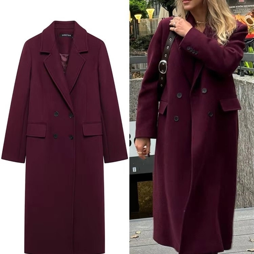 HH Women Fashion Bury Woolen Coat Double Breasted Long Sleeve Lapel Blends Jacket Autumn Winter High Street Outerwear 251021