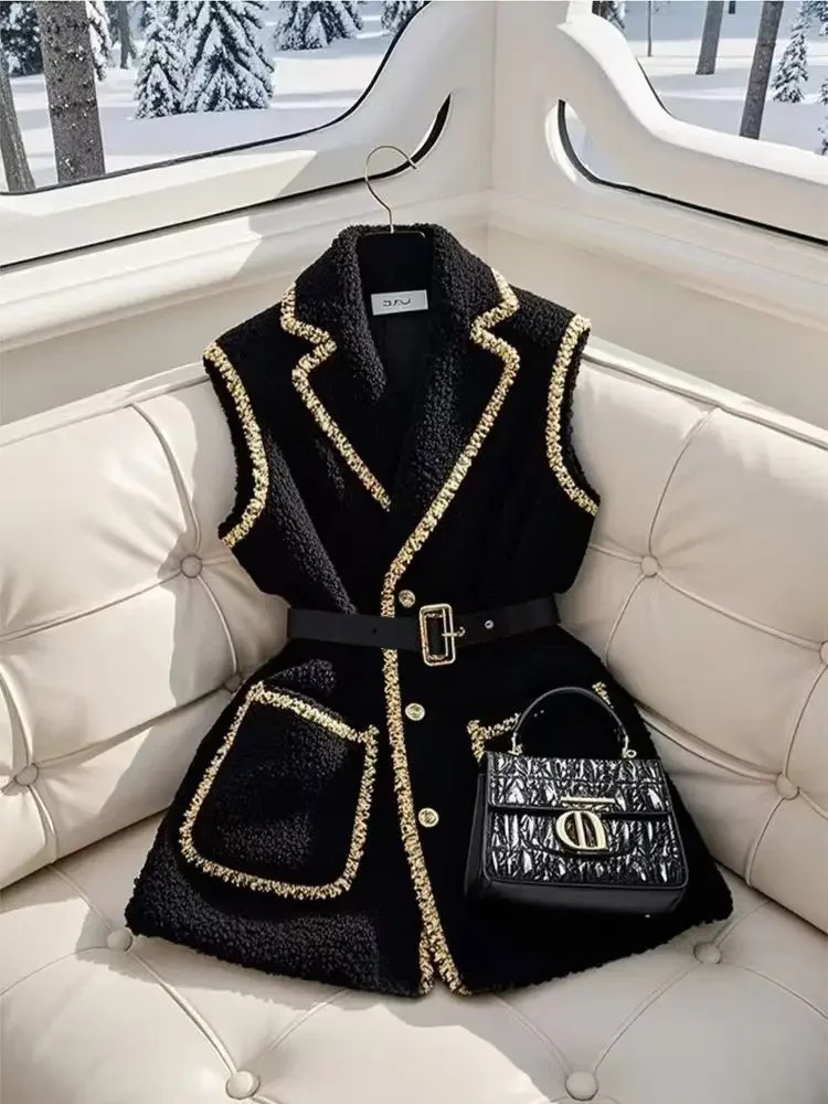 Elegant Women Black Lambhair Vest Coat y Bright Silk Edging with Belt Sleeveless Blazers Spring Winter Outerwear 251027