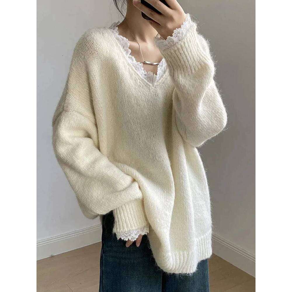 Aoaiiys Women V Neck Lace Spliced Pullovers Vintage Chic Knitted Jumpers Autumn Winter New Comfortable Loose Sweaters