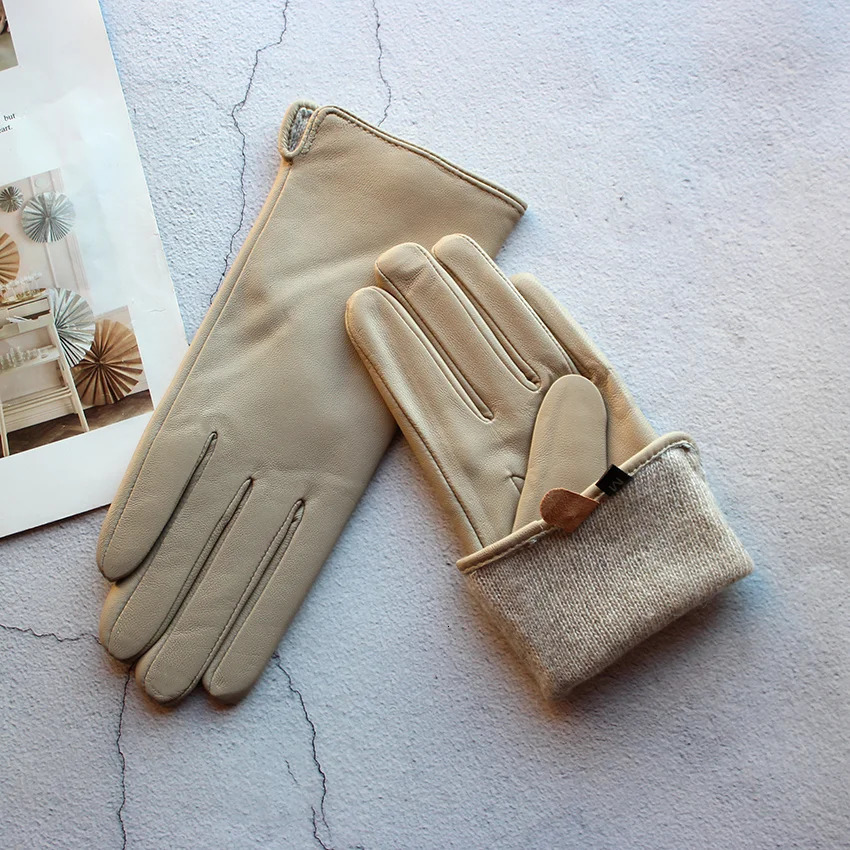 Color Sheepskin Leather Gloves Womens Straight Style Wool Lining FallWinter Warm Motorcycle Riding Car Driving Finger 251013