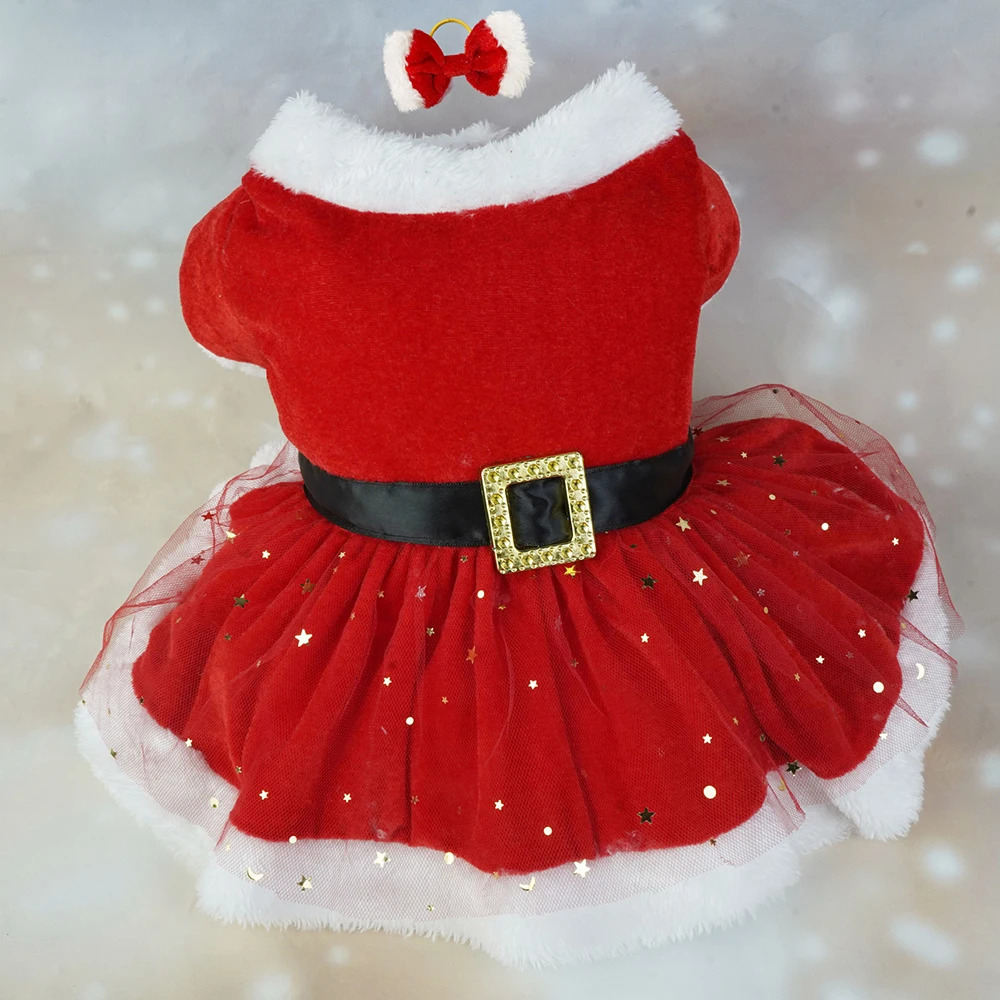 Christmas Dog Clothes Dog Ruffle Edge Dress Coat Xmas Plush Dress Skirt Pets Cat Warm Dress Bow Headbands Collar Skirt Supplies 251029