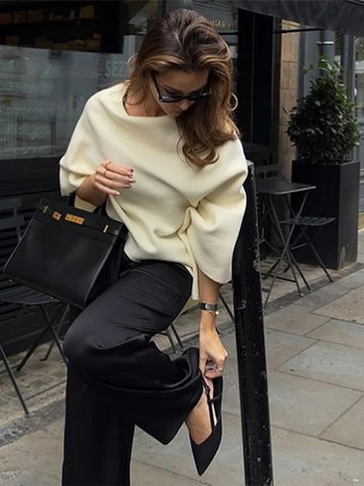 Irregular Draping Knitted Shawl Jumper Knitwear Loose Elegant Cape French Minimalist Cloak Knit Sweater Women Top Spring 251029