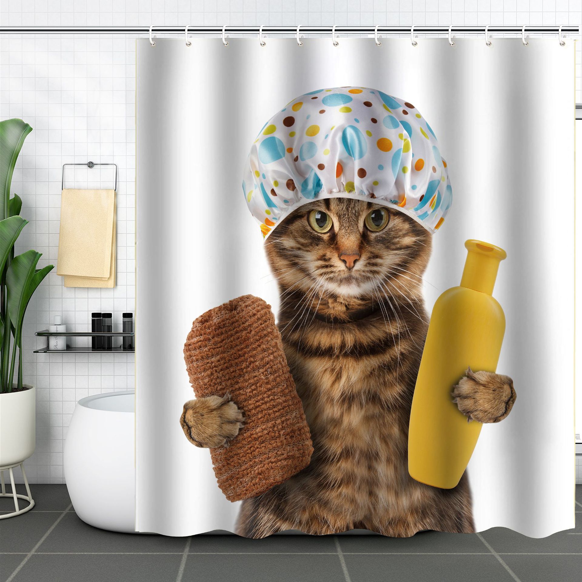 YL-37583 3D Digital Shower Curtain for Kitty Bathing, Bathroom Dry and Wet Separation, Polyester with Hooks, Isolation Curtain