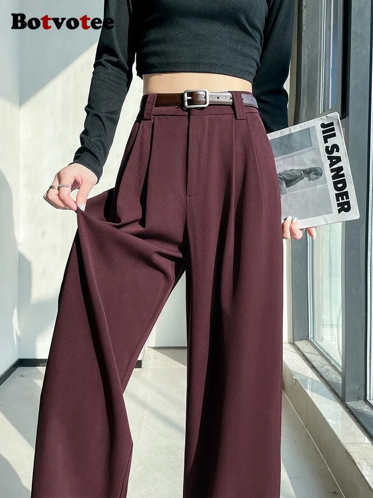Botvotee Burgundy Suits Pants for Women Office Lady Elegant High Waist Wide Leg Fashion Trousers with Pockets Black Gray 251029