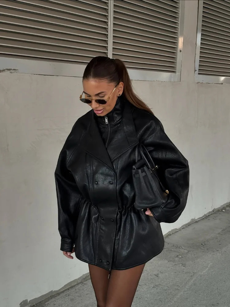 Retro Short Leather Jacket Women Black Chic Stand Collar Zipper Pocket Cinchedwaist Jackets Lady Autumn Daily Highstreet Coat 251029