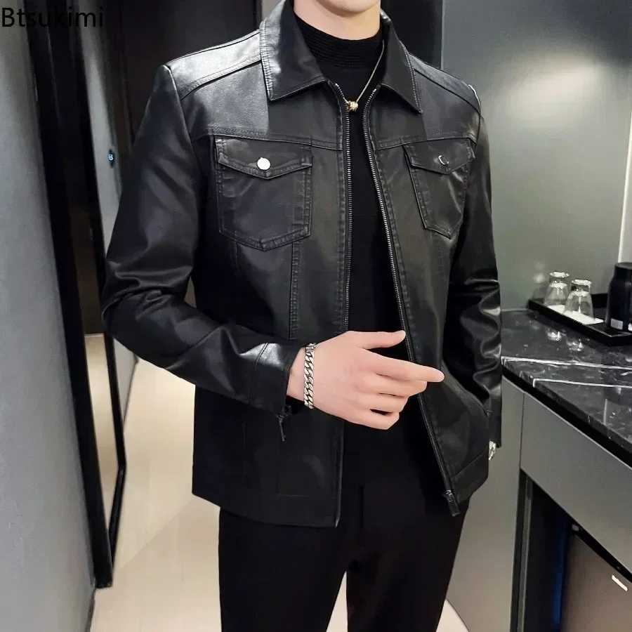 High Quality Mens PU Leather Jackets Fashion Motorcycle Coats Solid Slim Business Leather Tops Autumn Winter Warm Men ClothingT251029