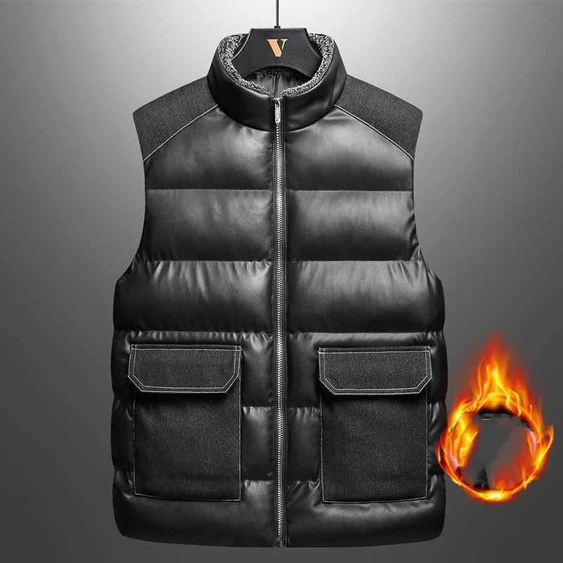2025 Man Vest Winter Thicken Warm Solid Stand Collar Pocket Zipper Male Leather Waistcoat Windproof Sleeveless Daily Men Coat W251029